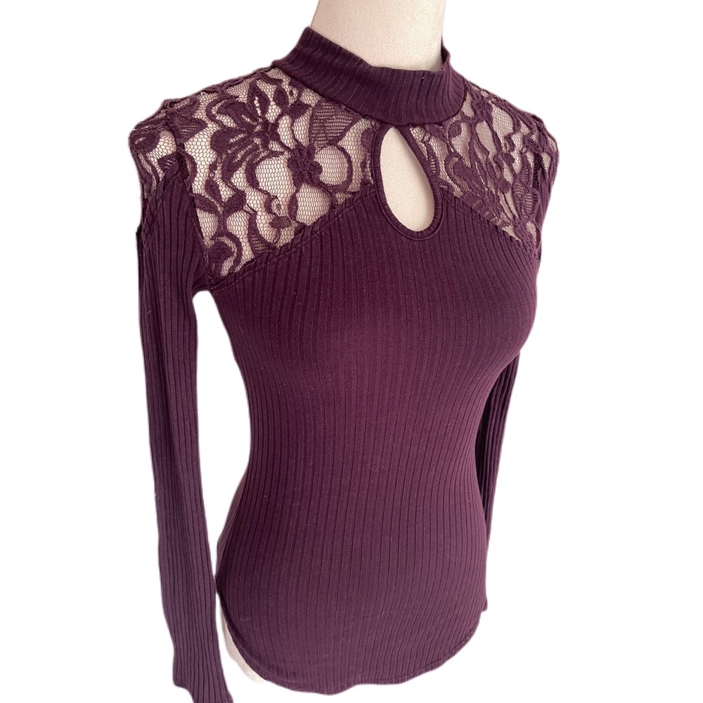 Free People Lace Keyhole Ribbed Long Sleeve Top XS